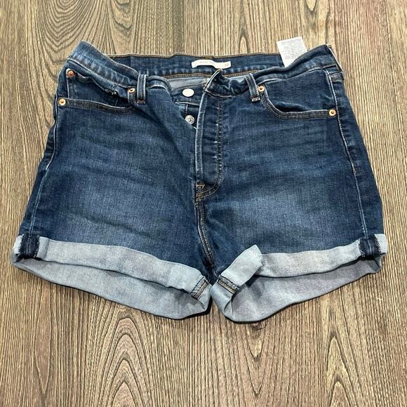 Levi's Wedgie Shorts High Rise Cuffed Hem Button Fly Dark Wash Blue Size 32 - Picture 1 of 7